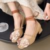 Women's High Heels Elegant Flowers Square Toe Pumps Fashion Metal Chain Ankle Ribbons Mary Jane Shoes Lady Flannel Shallow Heels
