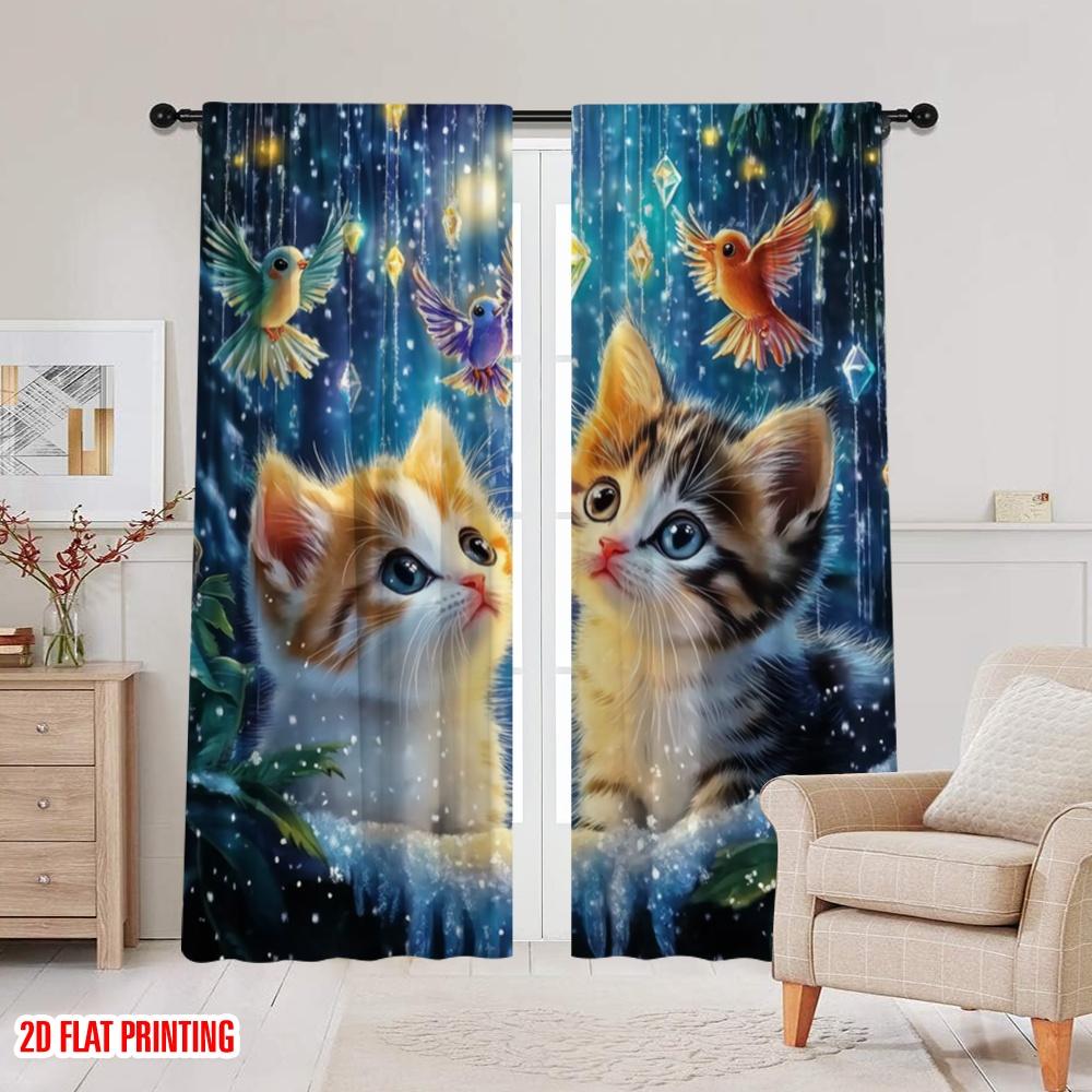 2pcs,2D Plane Printing Popular Curtains Enchanted Kittens Polyester Fabric (without Rod) Festive Perfect for Living Room,