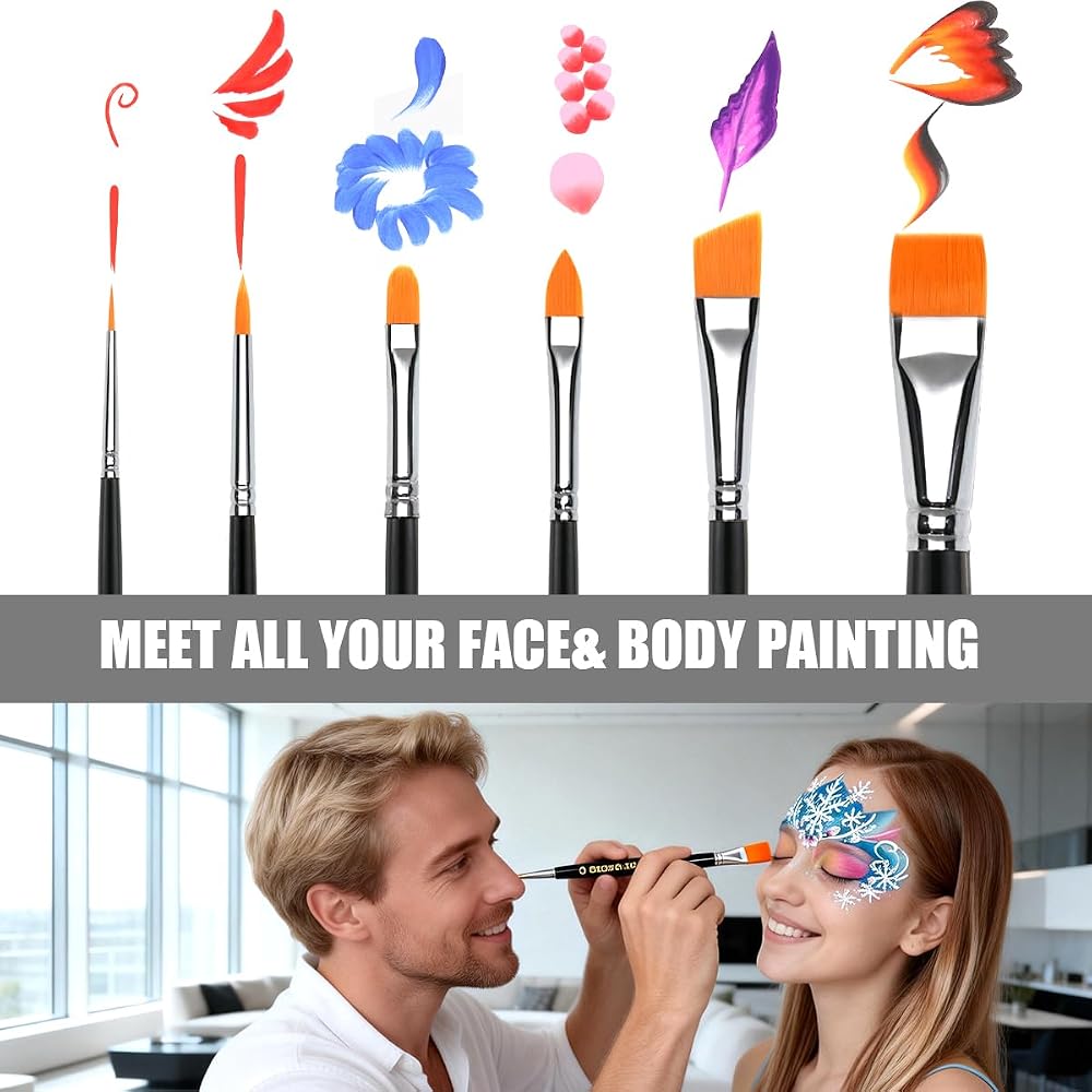 Bowitzki Face Paint Brush Set 6pcs Artist Brushes for Body Face Painting Acrylic Watercolor Oil Gouache