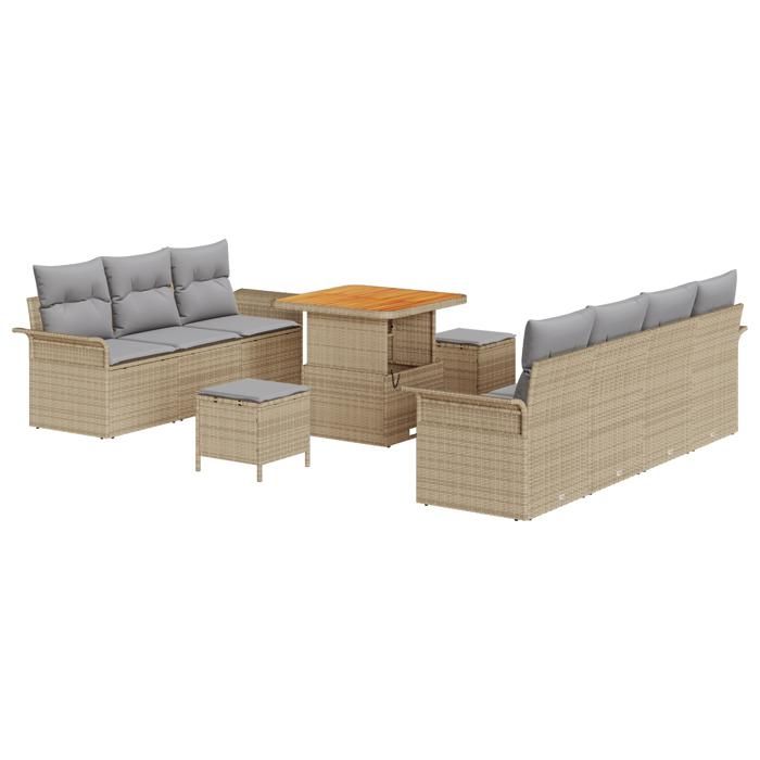 Canapé de jardin vidaXL 10 pièces avec coussins en rotin poly beige, acacia, Canapé de jardin 2 places vidaXL avec rangement 3364047