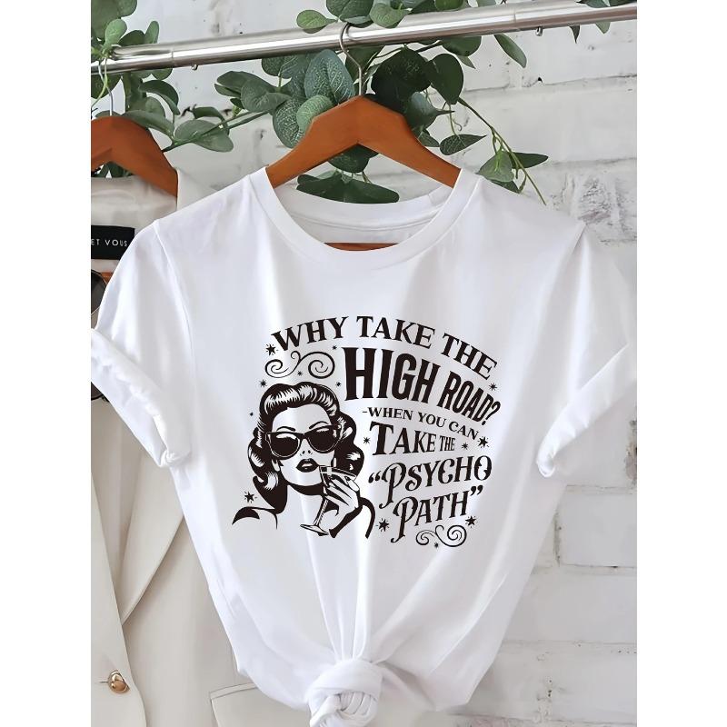 

European Size Women S Casual Short Sleeve T-Shirt - Why Take the High Road Graphic Print, Black with White Text & Graphics, Loose Fit, Round Neck 4XL чорний
