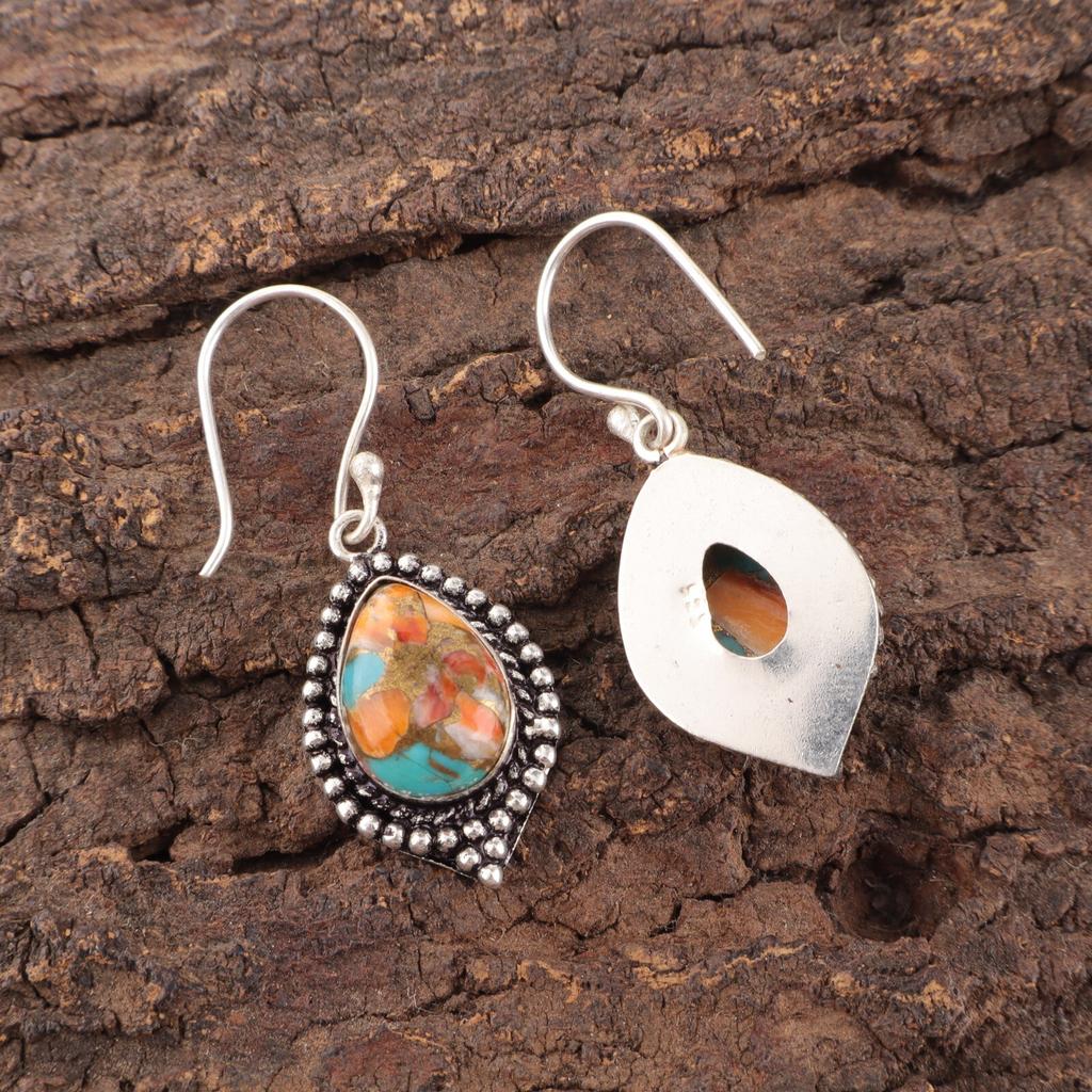 Natural Spiny Oyster Gemstone 925 Sterling Silver Jewelry Handmade Earrings 1.6" EE-164-45