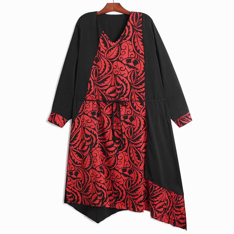 

Personalized Printed Irregular Large-Size Chic Dress Red(Black Red Flower) All yards