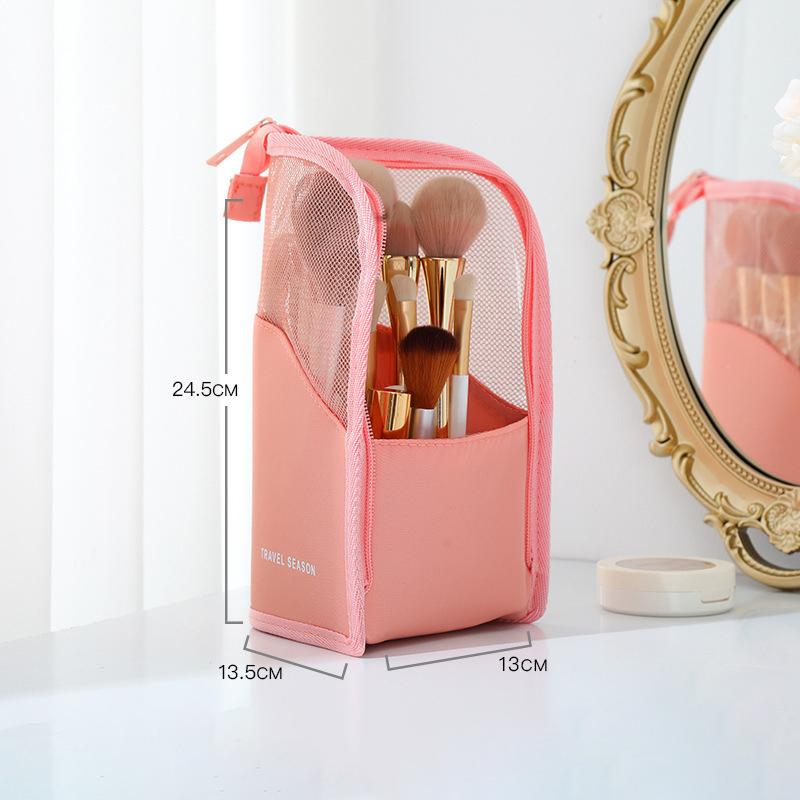 

Makeup Brush Holder Women Travel Outdoor Waterproof Cosmetic Bag Stand-Up Portable Foldable Makeup Case with Zipper рожевий