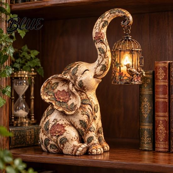 Elephant Lantern Decor Vintage Lantern Decorative Light Resin Retro Table Lamp with Bird Cage Desk Light Design for Home Decor Creative Desktop
