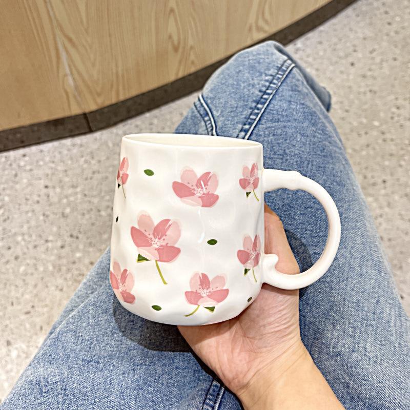 INS wind high-value flower mug with lid spoon household girl heart ceramic cup student breakfast milk cup