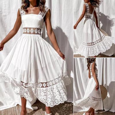 Abito lungo da donna in pizzo Boho da donna, estivo, casual, da spiaggia, lungo, per le vacanze