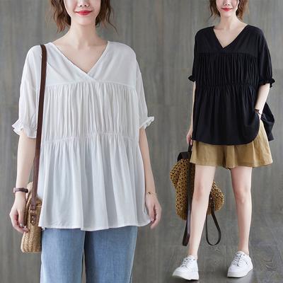Camiseta de verano de talla grande para mujer, con efecto reductor de grasa, holgada y versátil, con cuello en V y manga corta.