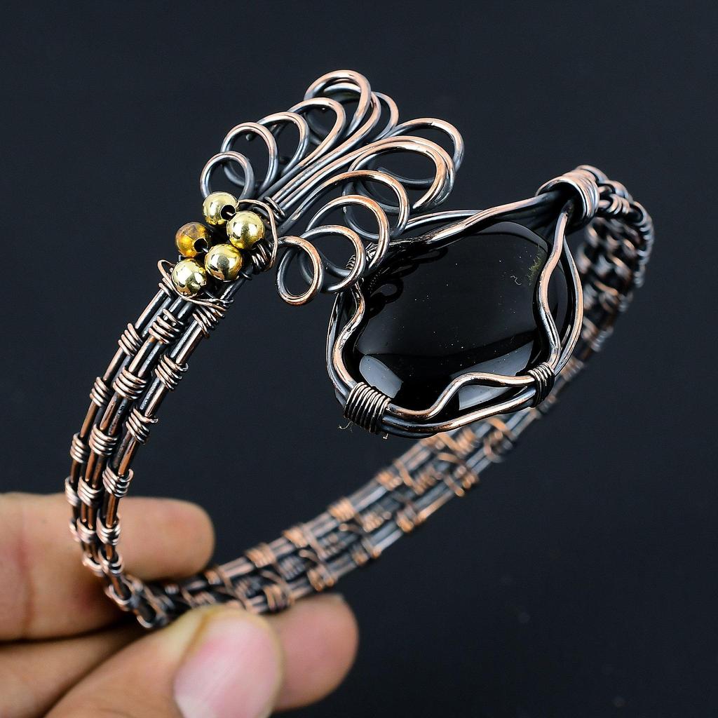 Black Onyx Bangle, 999 Copper Wire Wrapped Gemstone Jewelry, Handmade Bangle For Thanksgiving