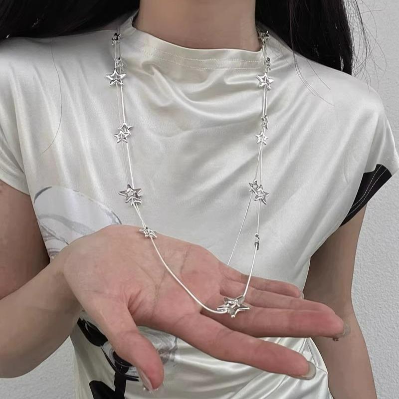 Korean Y2K Pentagram Five Star Pendant Necklace Silver Color Punk Long Chain Necklace Double Layer Y2K Jewelry Neck Chain Choker