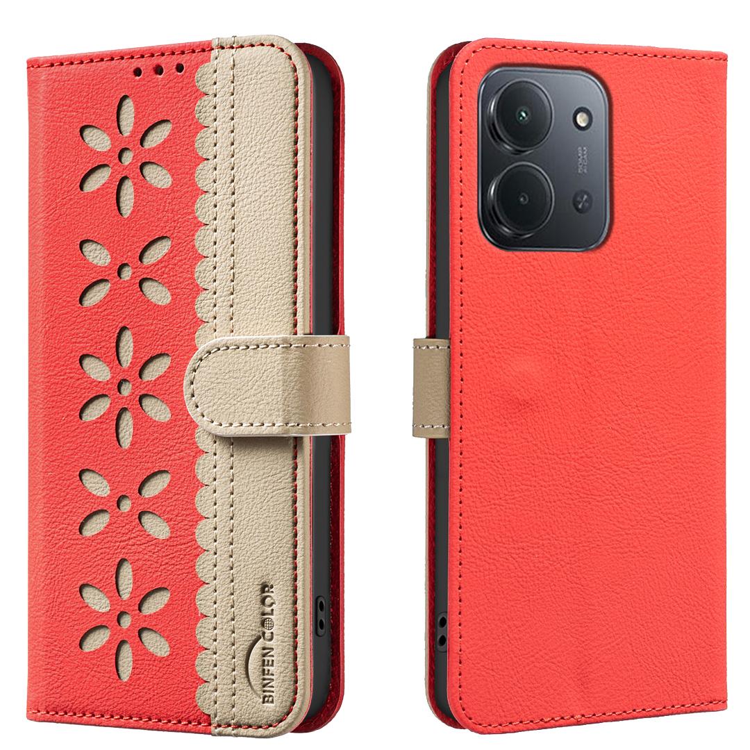 

For Xiaomi Redmi 15C 5G/15C 4G (173mm) Leather Case BINFEN COLOR BF36 Floral Pattern Phone Cover RFID Blocking Wallet Stand Red