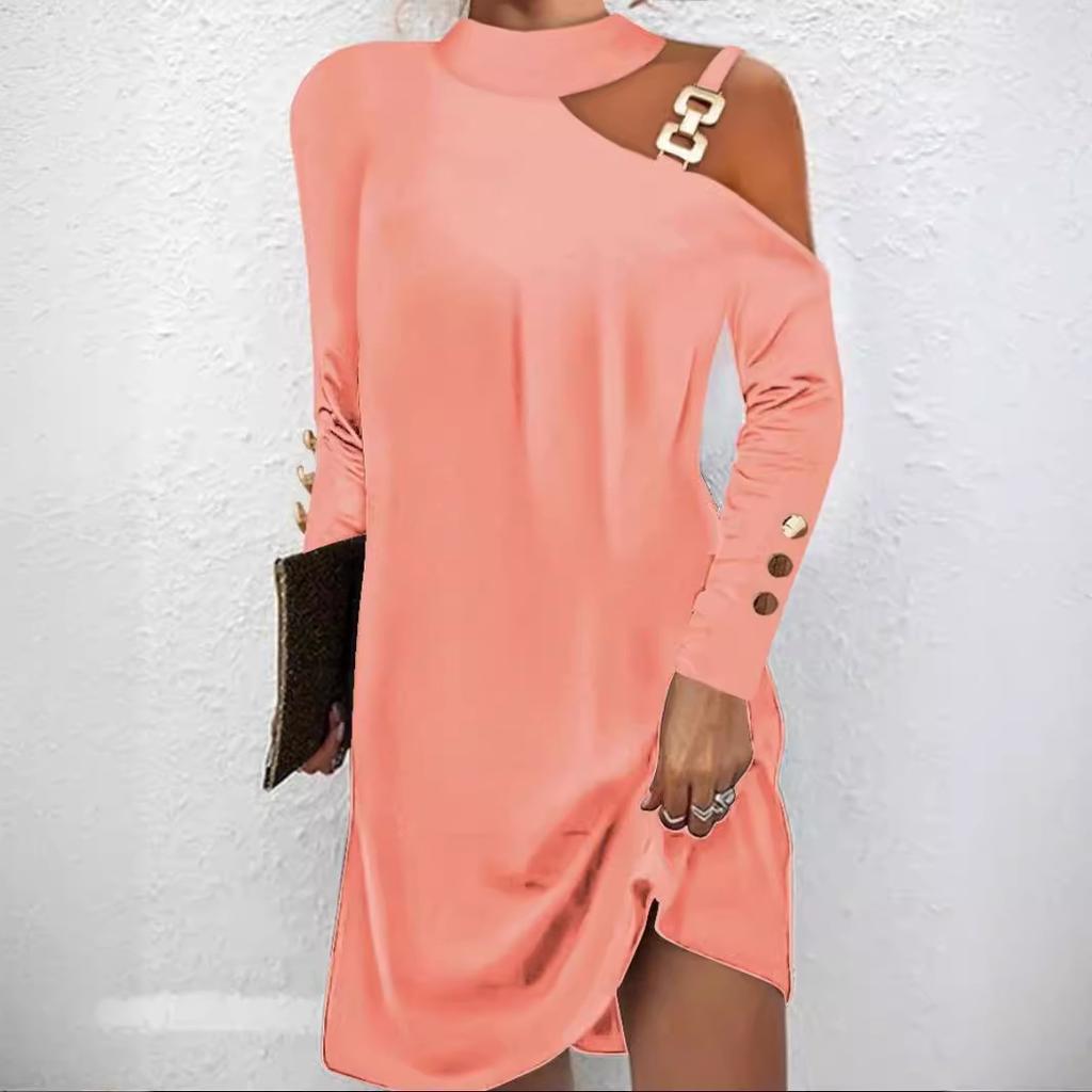 Damenkleid Langarm Etuikleid Frühling 2025 Elegant Schlicht Metallschnalle Neckholder Knopfkleid Damen Arbeits Minikleid