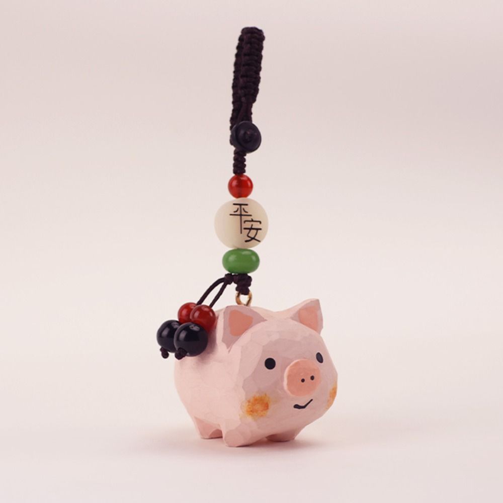 Flower Carved Pig Dolls Pendant Beads Car Keyring Funny Wooden Pig Keychain  Students