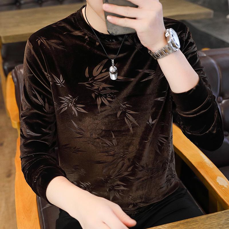 

Мужская зимняя толстовка из золотистого велюра: Круглый вырез, Длинный рукав, С начесом (плюш), Универсальный корейский стиль, Повседневный принт. XXXL