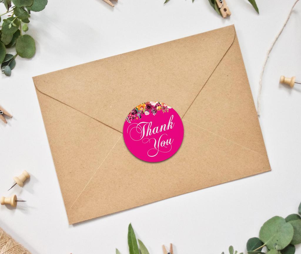 Darling Souvenir 45 Pcs Fuchsia Pink Round Floral Thank You Stickers DIY Envelope Seals-1.6