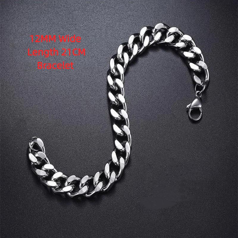 Stainless Steel Cuban Link Chain Silver Color Necklace Bracelet For Men Jewelry 8/10/12/14Mm Width Hip Hop Punk Accessories