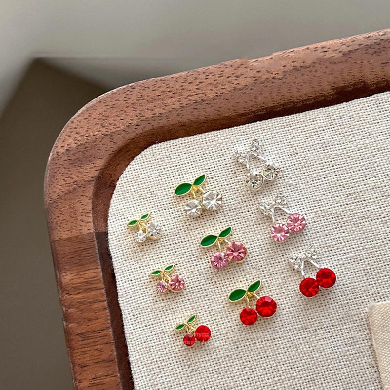 10 Pcs Cherry Nail Rhinestone 3D Cherry Charm Red Fruit Diamond Crystal Jewelry Y2K Alloy Nail Gems For Women Manicure