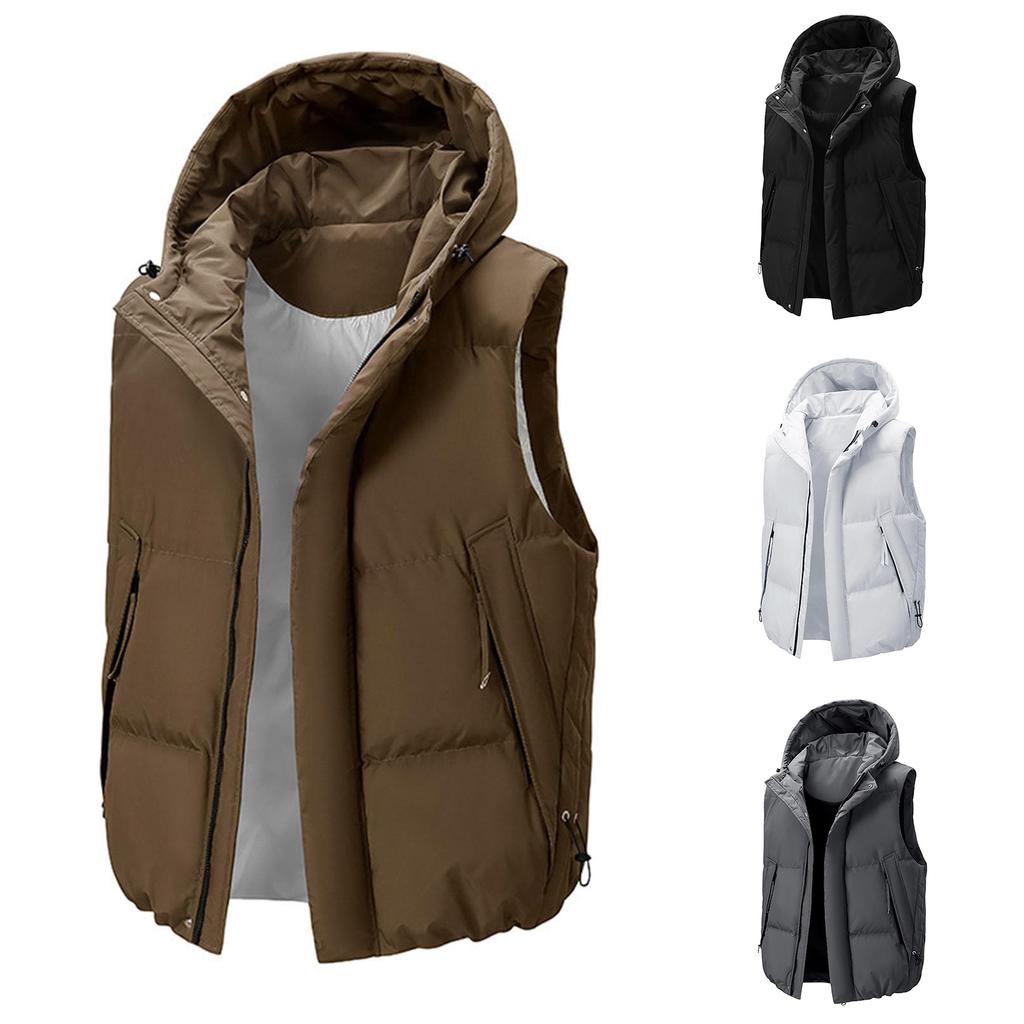 Men's And Women's Casual -color Hooded Sleeveless Vest, Men's Large Pocket, Cotton Thickened, Loose And Warm Zipper Vest