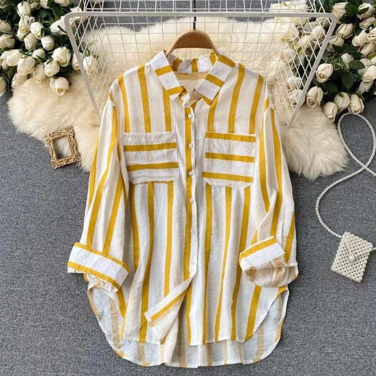 

Women Casual Loose Korean Style Vertical Striped Shirt Jacket Mid Length Tops Summer New Multi Color 5XL