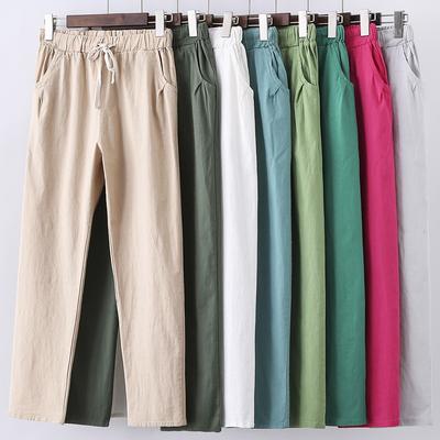 Casual Loose Elegant Womens Pants High Waist Straight Cotton Linen Harem Pants Autumn Solid Elastic Waist Woman Trousers 28400