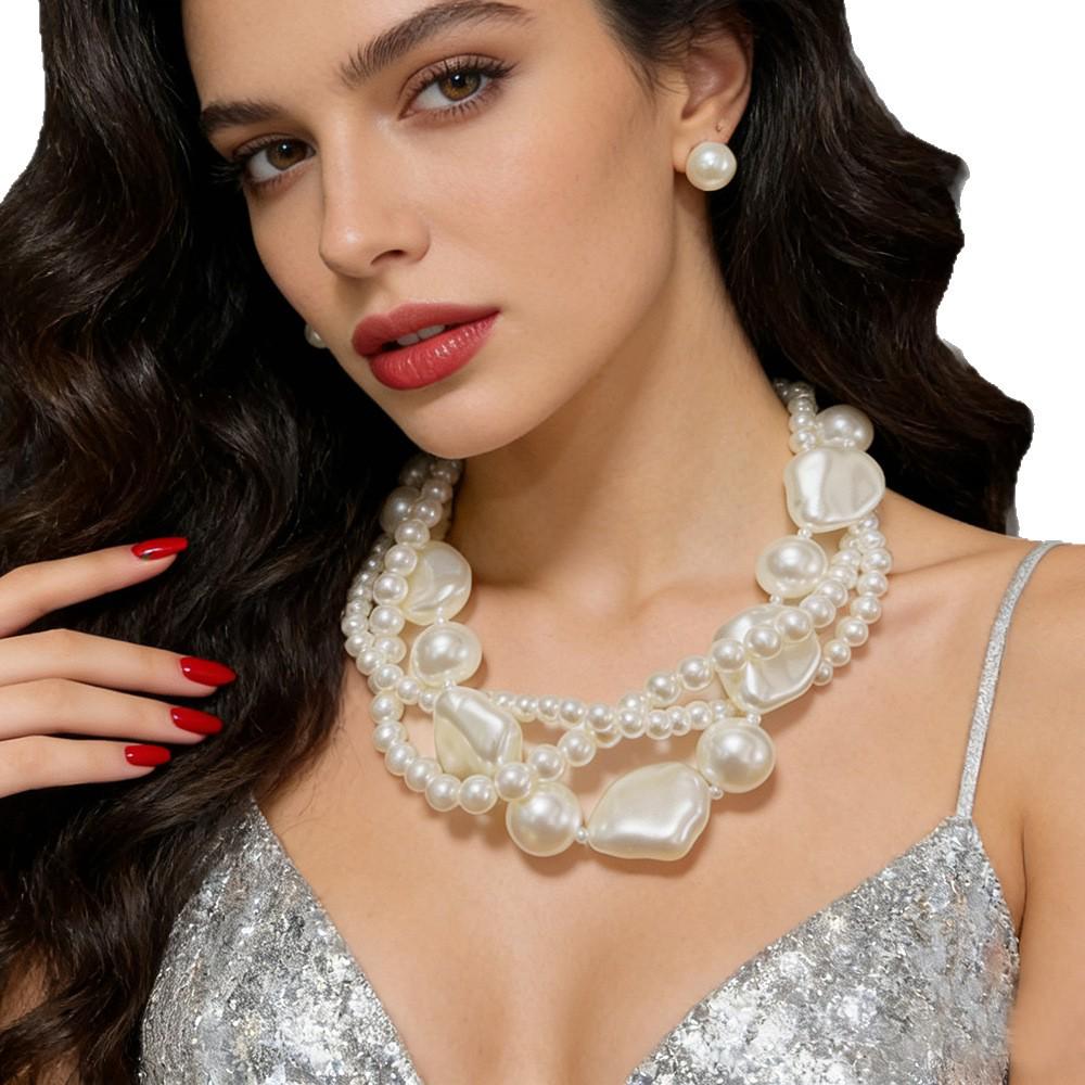 European-American Geometric Necklace & Earring Set - French Retro Style with Pearls for Formal Wear