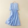 2025 Summer New Jacquard Cotton and Linen Dress Women's Blue White V-neck Short Sleeve Simple Temperament Long Skirt