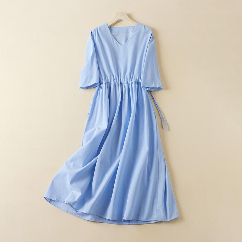 2025 Summer New Jacquard Cotton and Linen Dress Women's Blue White V-neck Short Sleeve Simple Temperament Long Skirt
