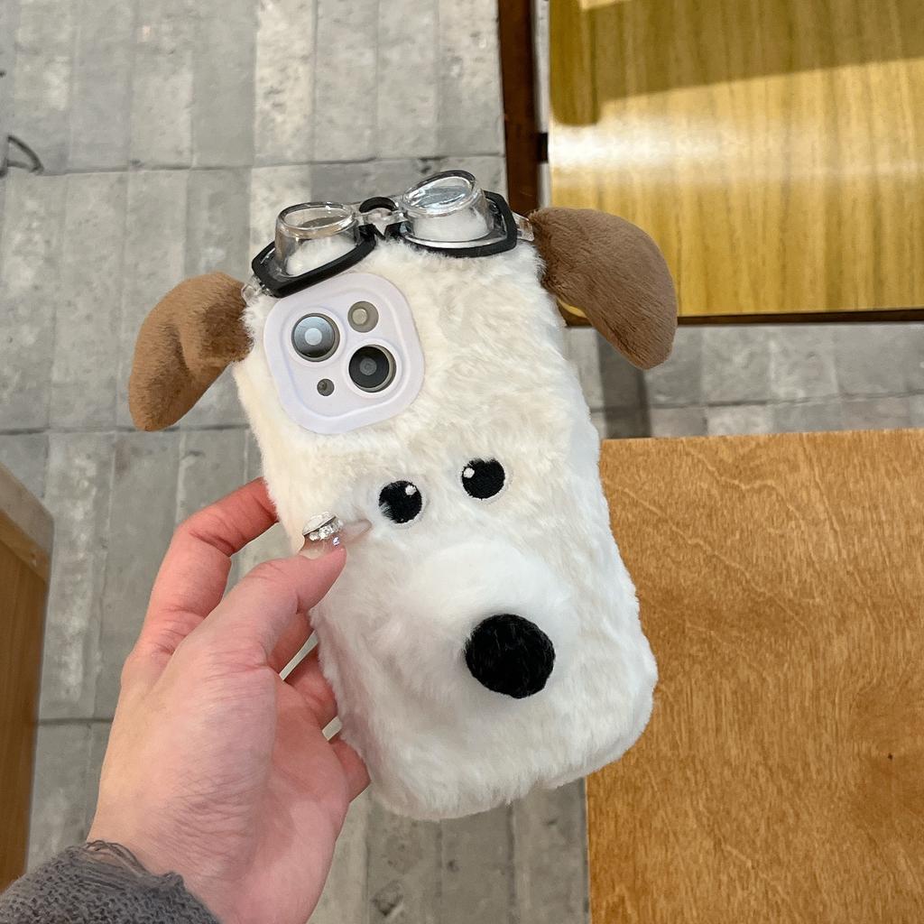 Husă de pluș 3D cu câine drăguț cu ochelari de protecție din desene animate Accesorii drăguțe pentru telefon pentru iPhone 16 15 14 13 12 11 Pro Max