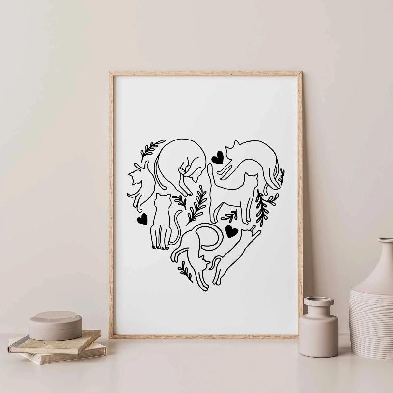 Cute Cat Print Poster Simple Cat Lines Love Sunflower Cat Wrestling Cat Cat Lover Gift Home Bedroom Living Room Office Decor