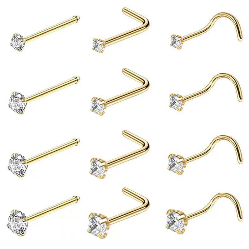 316L Stainless Steel Zircon Nose Stud and Ring Earrings - European & American Style, Hot-Selling Piercing Jewelry