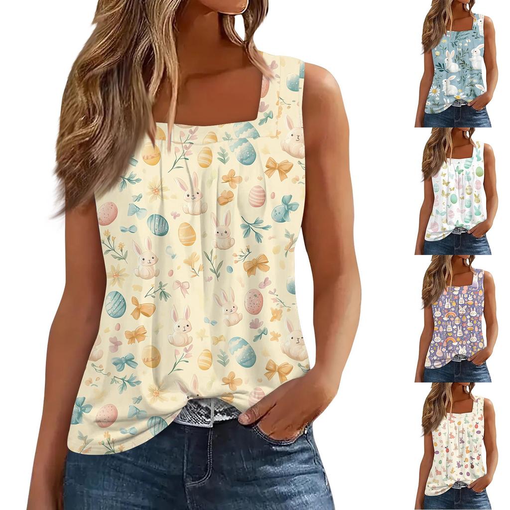 Women's Fashion Casual Pleated Square Collar Sleeveless Vest Print Summer T-shirt