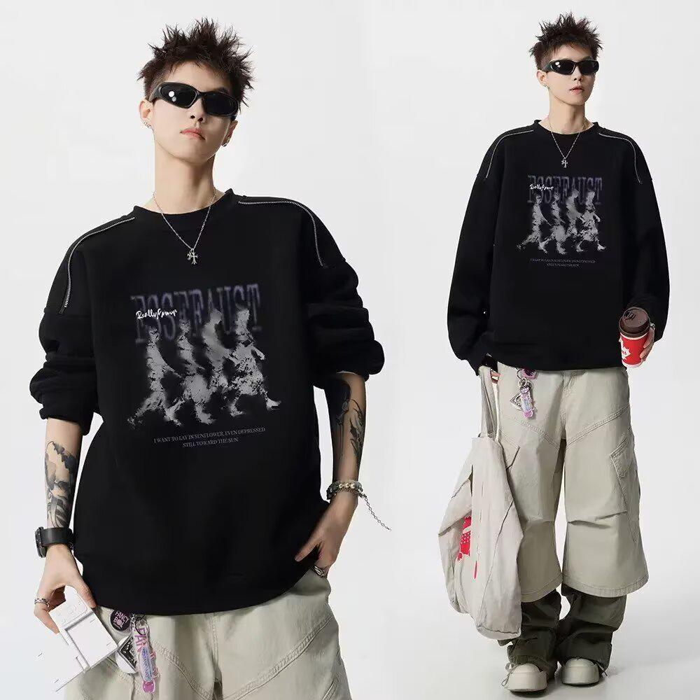 

Men s Trendy Round Neck Casual Hoodie - Spring/Autumn Sport Long Sleeve T-shirt (Versatile Base Layer) XL чорний