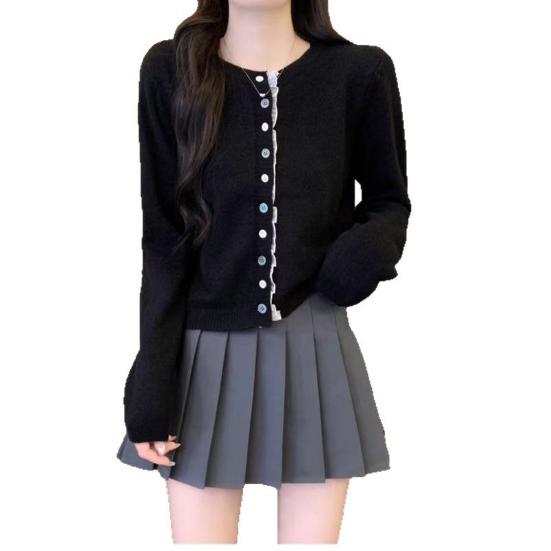 Autumn new lace splicing single-breasted short round neck long-sleeved knitted cardigan women's casual knitted jacket