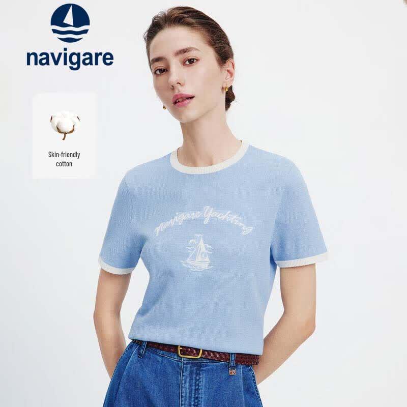 Navigare Women s Summer Color-block Knitted Short Sleeve T-Shirt L