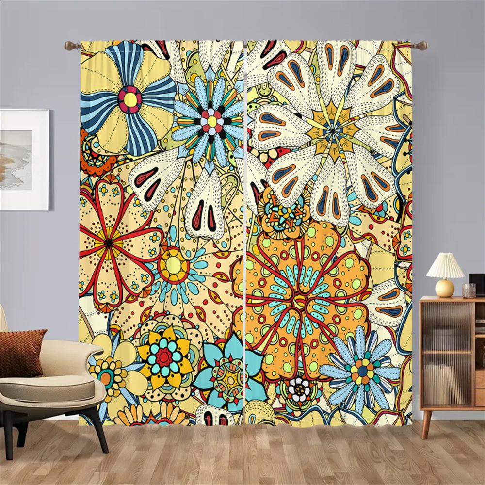 

2Pcs Retro Floral Curtains Colorful Hand-drawn Pattern Living Room Study Sunshade Bohemian Style Decor Curta 29.5W65H(inch)x2Pcs&Rod Pocket