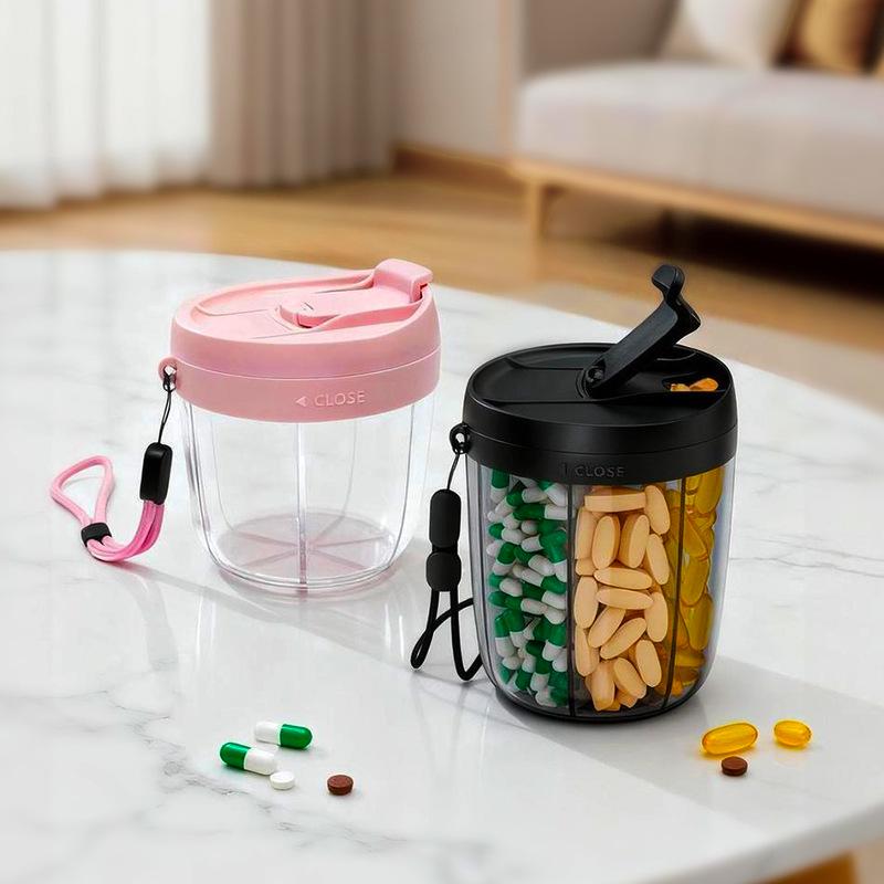 Seven-Compartment Rotating Pill Box - Portable, Large-Capacity Medicine & Supplement Organizer, Food-Grade. Black