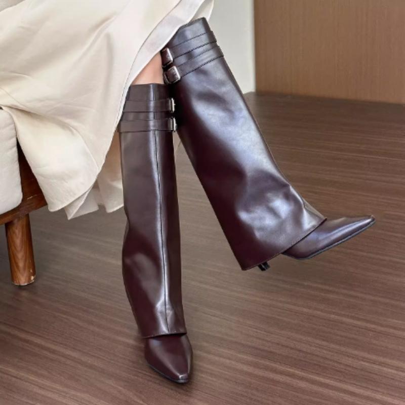 Nové zimní vysoce kvalitní dámské boty Módní špičatá jednobarevná přezka Rukávy na silném podpatku Dámské vysoké boty