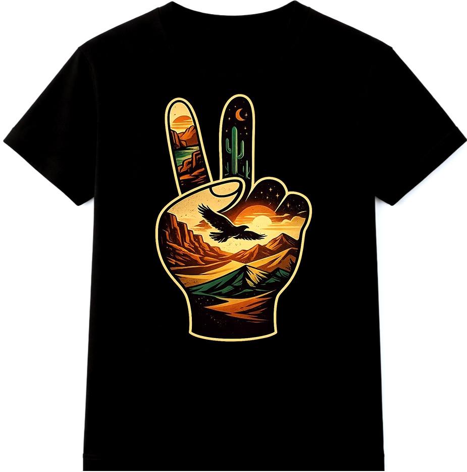 Peace Sign Sunset T Shirt Eagle Mountain Desert Graphic Tee Nature Art Top S разноцветный