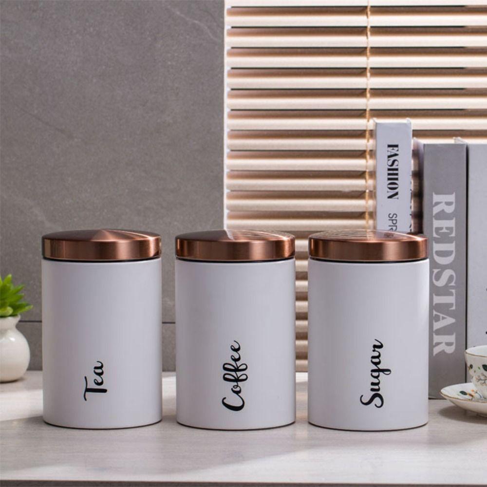 3PCS Clear Window Tea Tank Kit Stainless Steel Grains Storage Jars Desk Ornament Nuts Cans  Kitchen