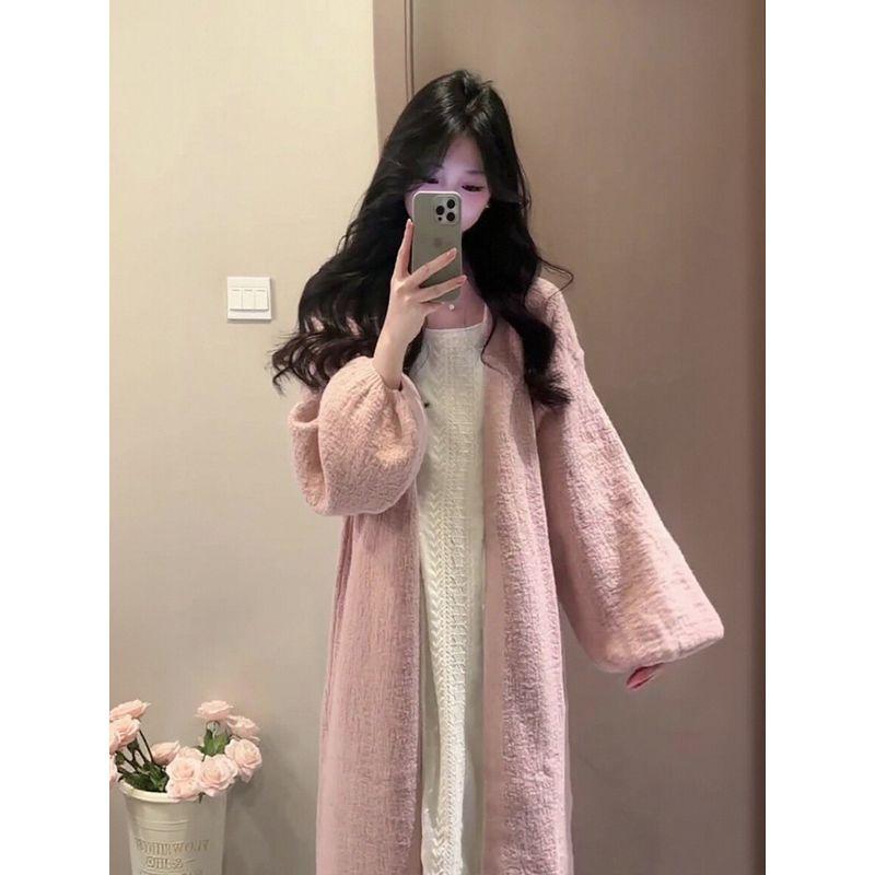 2026 Early Spring Korean Chic Style Complete Set of Gentle and Lazy Style Mid-Length Pink Cardigan Long-Sleeved Dress Set