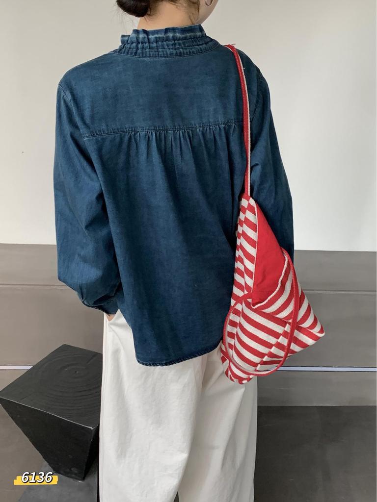 Spring Youth Denim Lace-Up Ruffle Collar Long Sleeve Shirt