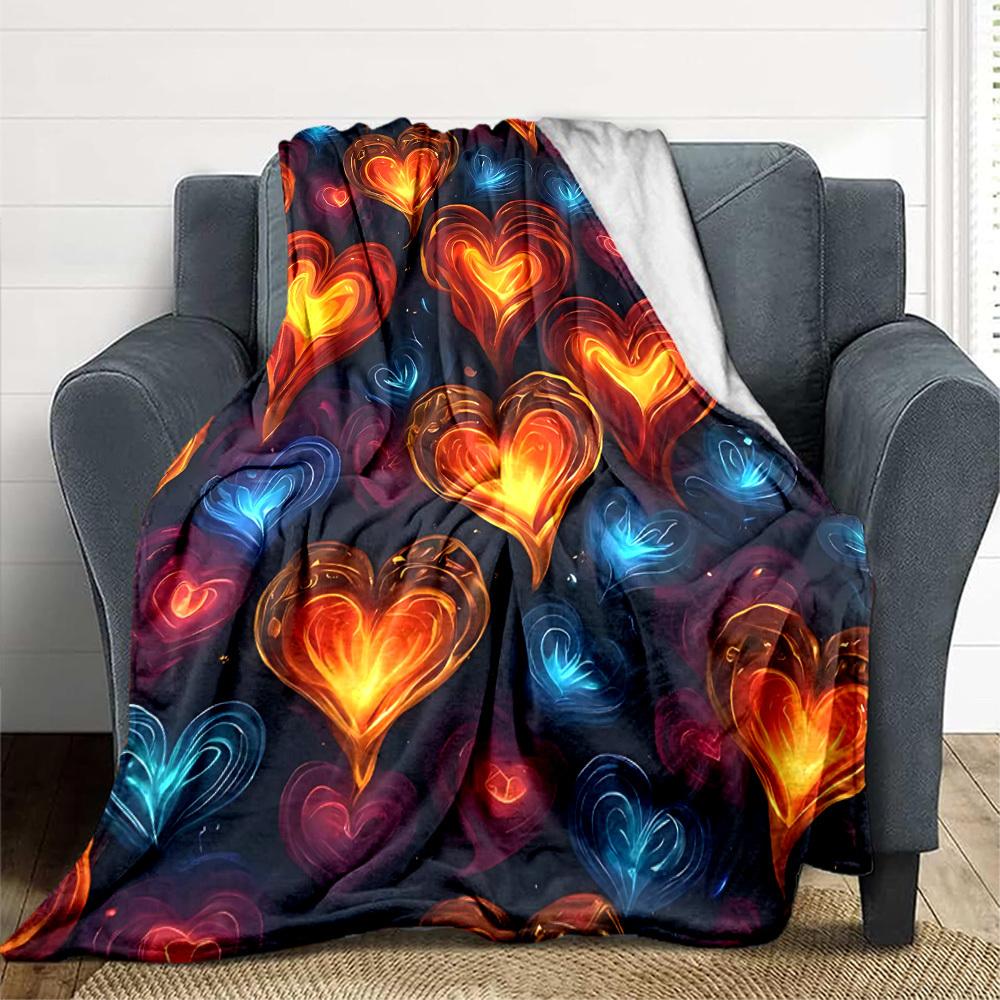 1pc Heart Flames Print Blanket   Lightweight Flannel Throw Blanket For Sofa, Bed, Living Room, Office, Outdoor Travel, Camping
