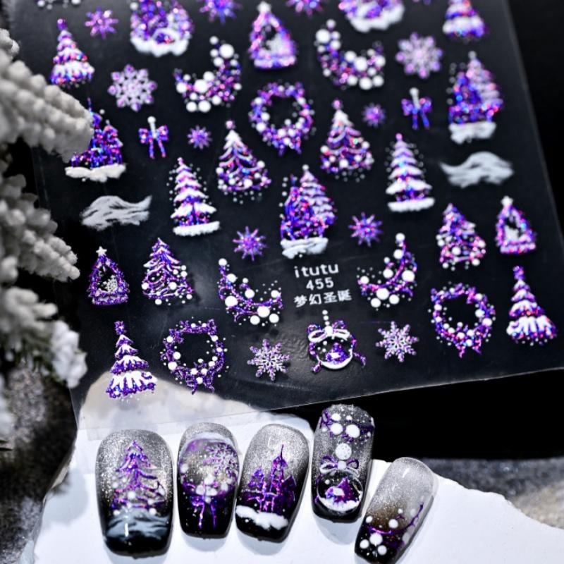 1Pcs Christmas Embossed Nails Art Stickers Dreamy Castle Christmas Tree Snowflake Self-Adhesive Manicure Decals Nail Decoration