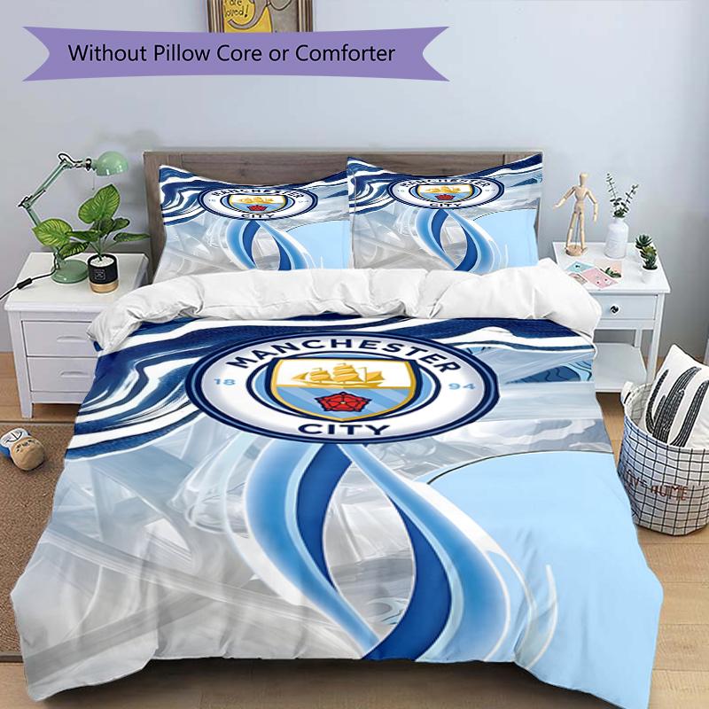 3pcs Duvet Cover Set (1*Duvet Cover + 2*Pillowcase, Without Core),Manchester City FC Print Bedding Set, Bedroom Decor, All‑Season, Birthday Gift