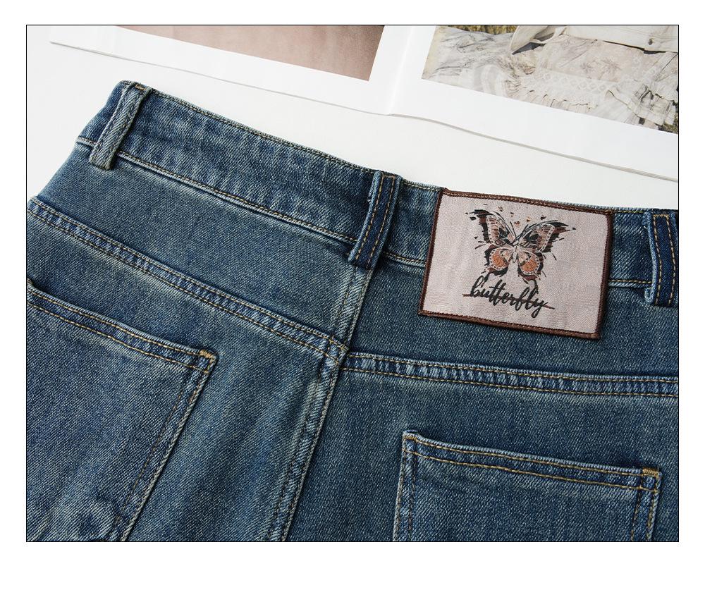 Jeansi Retro Albastru Damă cu Talie Înaltă și Picior Larg - Brodați, Croială Largă, Primăvară/Toamnă 2025