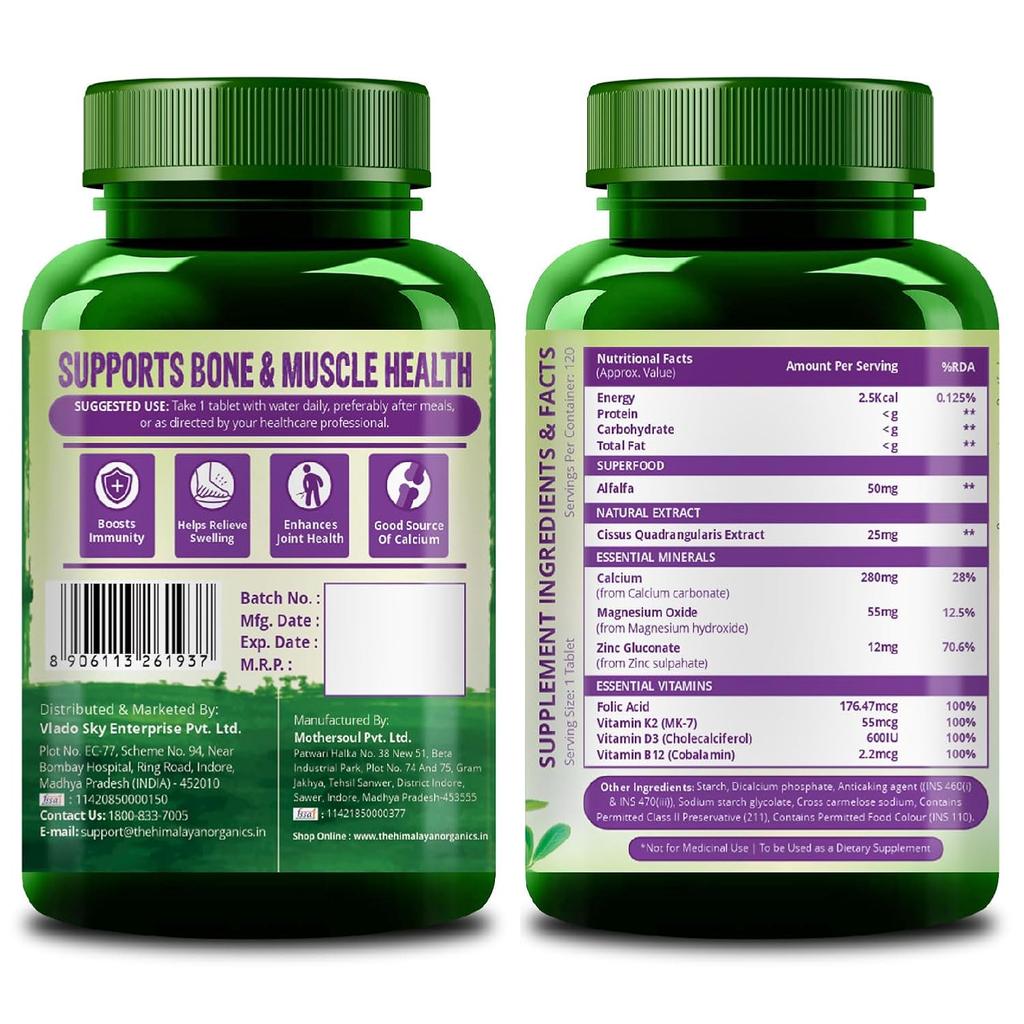 Vlados Himalayan Organics Luzerne Kalzium Tabletten Mit Vitamin D3 K2 Magnesium Zink Für Knochen Gelenk Muskel Unterstützung 120 Tabletten