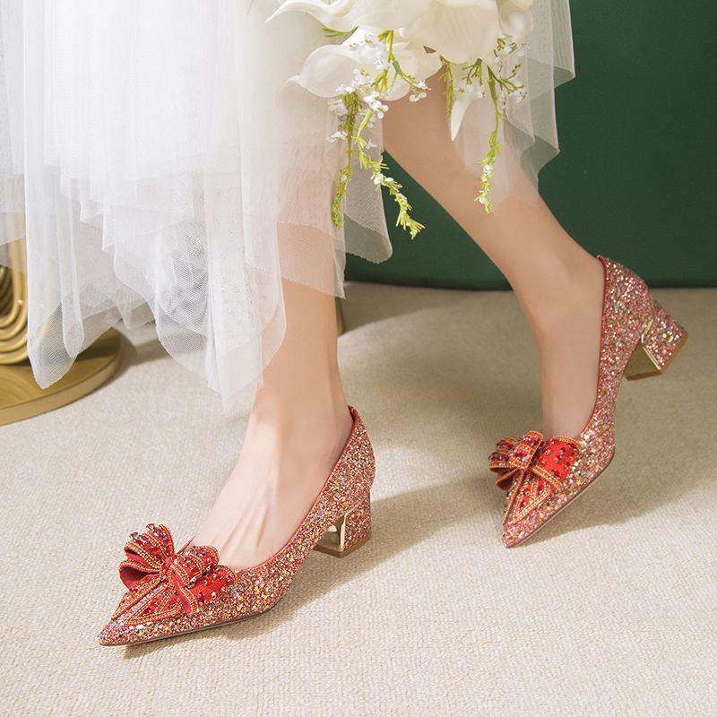 Premium wedding mid-heel shoes women's thick heel bow single shoes 2025 new wedding shoes bride shoes two wear not tired feet