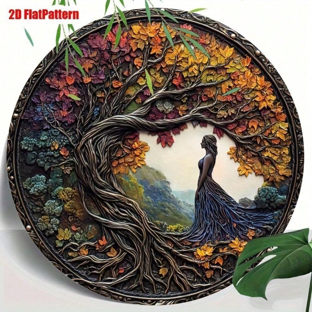 Old Money Tree Hole Aluminum Wall Art 8x8 Inch Round Metal Medallion for Home Office Decor