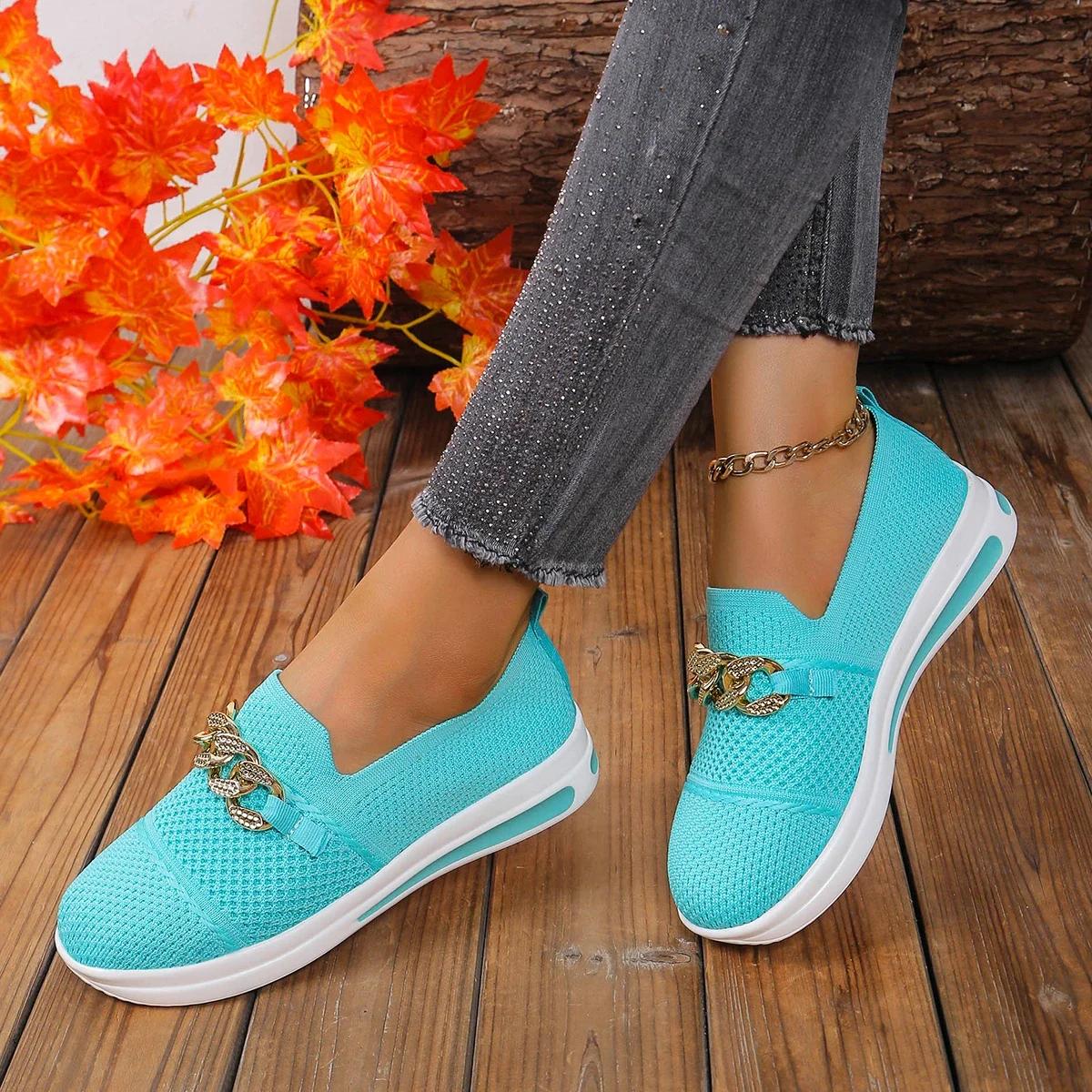Mode Frühjahrsschuhe Damen Mesh Damen Vulkanisierte Schuhe Damenmode Metallkette Slipper Einfarbig Lässige Plateau Damen Sneaker 38 himmelblaue