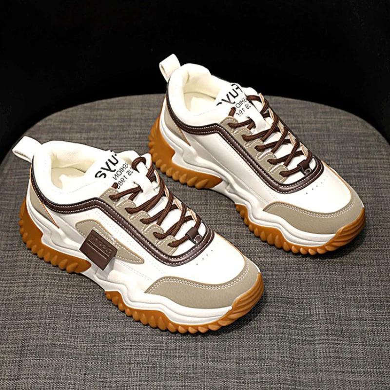 Women Mixed Color Chunky Platform Sneakers Spring Fashion Thick Soled Vulcanized Shoes Woman Lace Up Increase Casual Sports Shoe